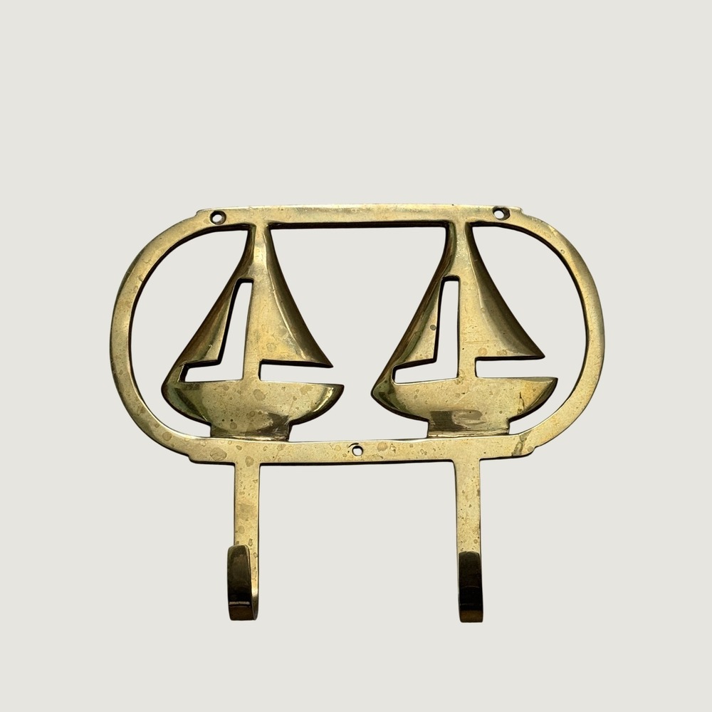 Vintage Solid Brass Sailboat Wall Hook Rack Nautical Double Coat Towel Hanger